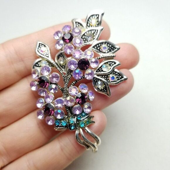 Vintage Pink Rhinestone Flower Cluster Bouquet Shape Brooch, Silver Tone, Estate - Picture 1 of 7